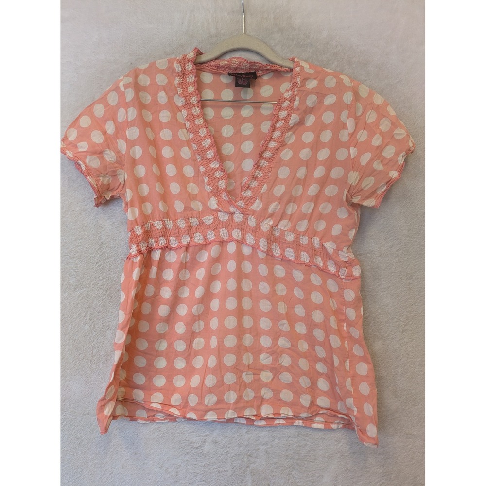 Dizzy Lizzy Blouse Women's Medium Pink‎ Polka Dot Smocked Ruffle V-Neck Retro